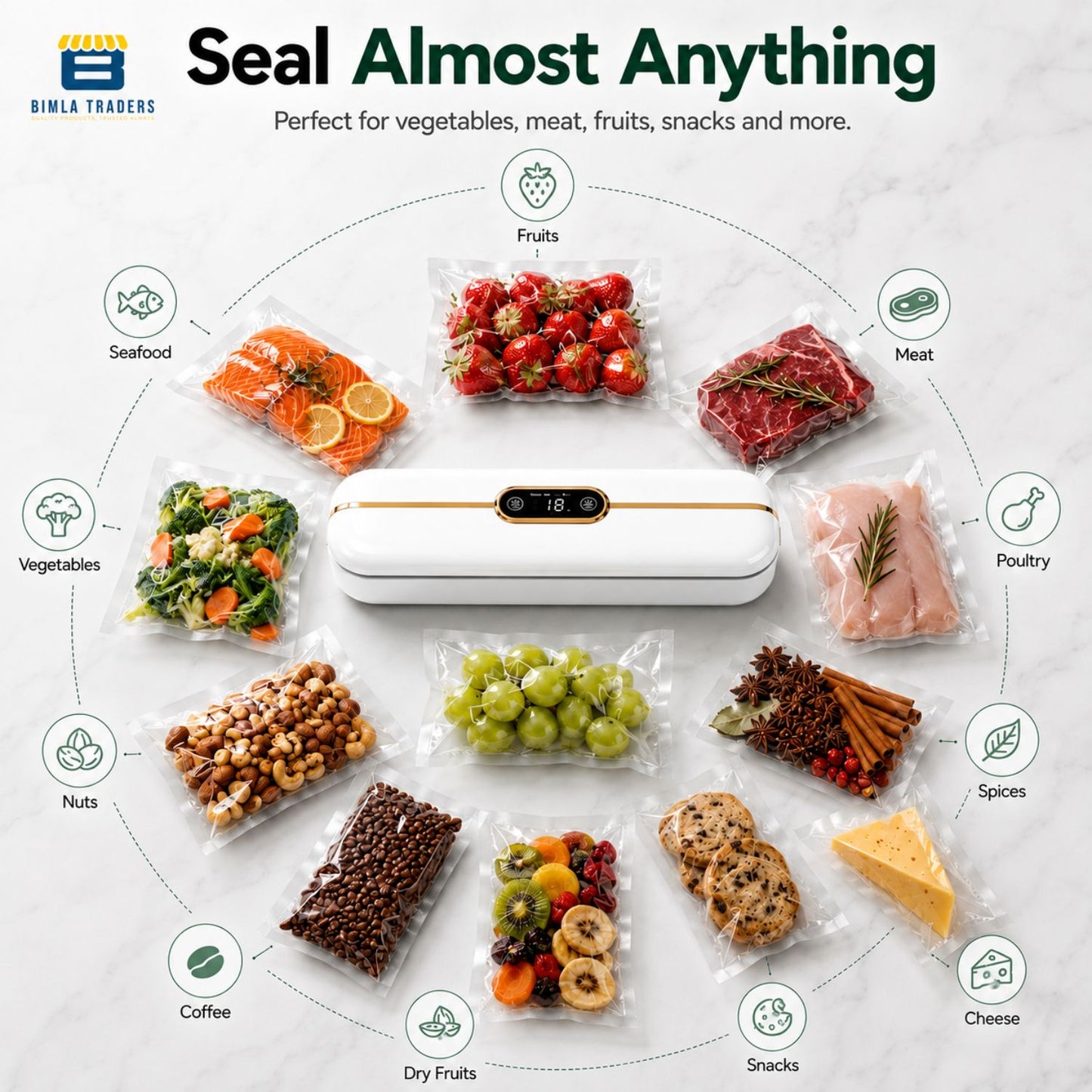 Bimla Traders Vacuum Sealer Machine – Food Preservation & Vacuum Packaging for Snacks, Vegetables, Meat | Small Kitchen Appliance for Home & Garden | Easy Vacuum Sealing for Freshnes. Pack of 1