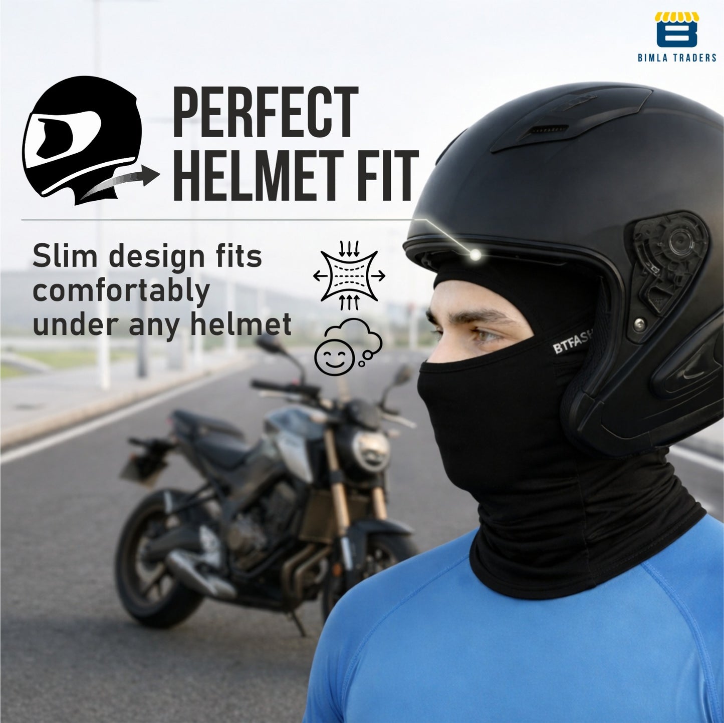 Bimla Traders Full Face Balaclava Mask for Bikers | Breathable Helmet Liner Head Cover for Bike Riding | Windproof & Dust Protection Face Mask for Men | Stretchable Bike Helmet Mask.
