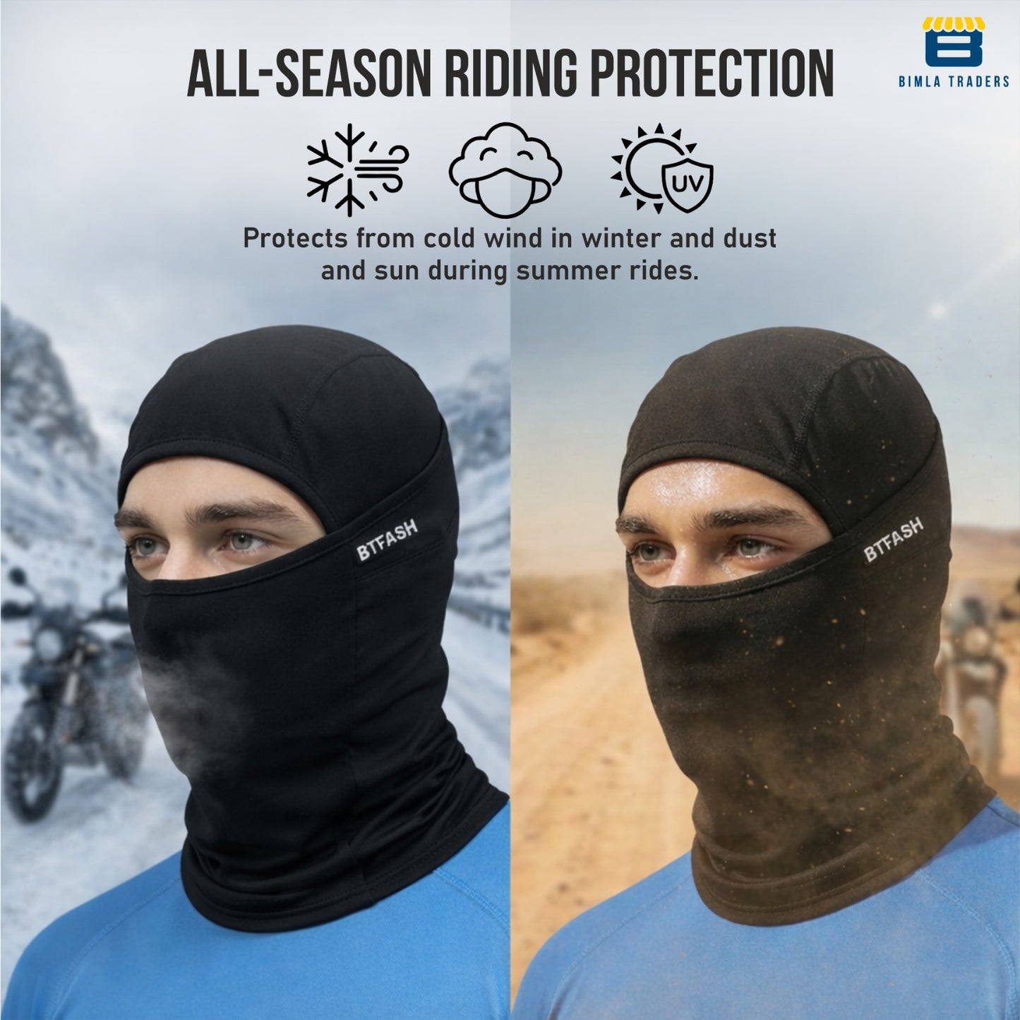 Bimla Traders Full Face Balaclava Mask for Bikers | Breathable Helmet Liner Head Cover for Bike Riding | Windproof & Dust Protection Face Mask for Men | Stretchable Bike Helmet Mask.