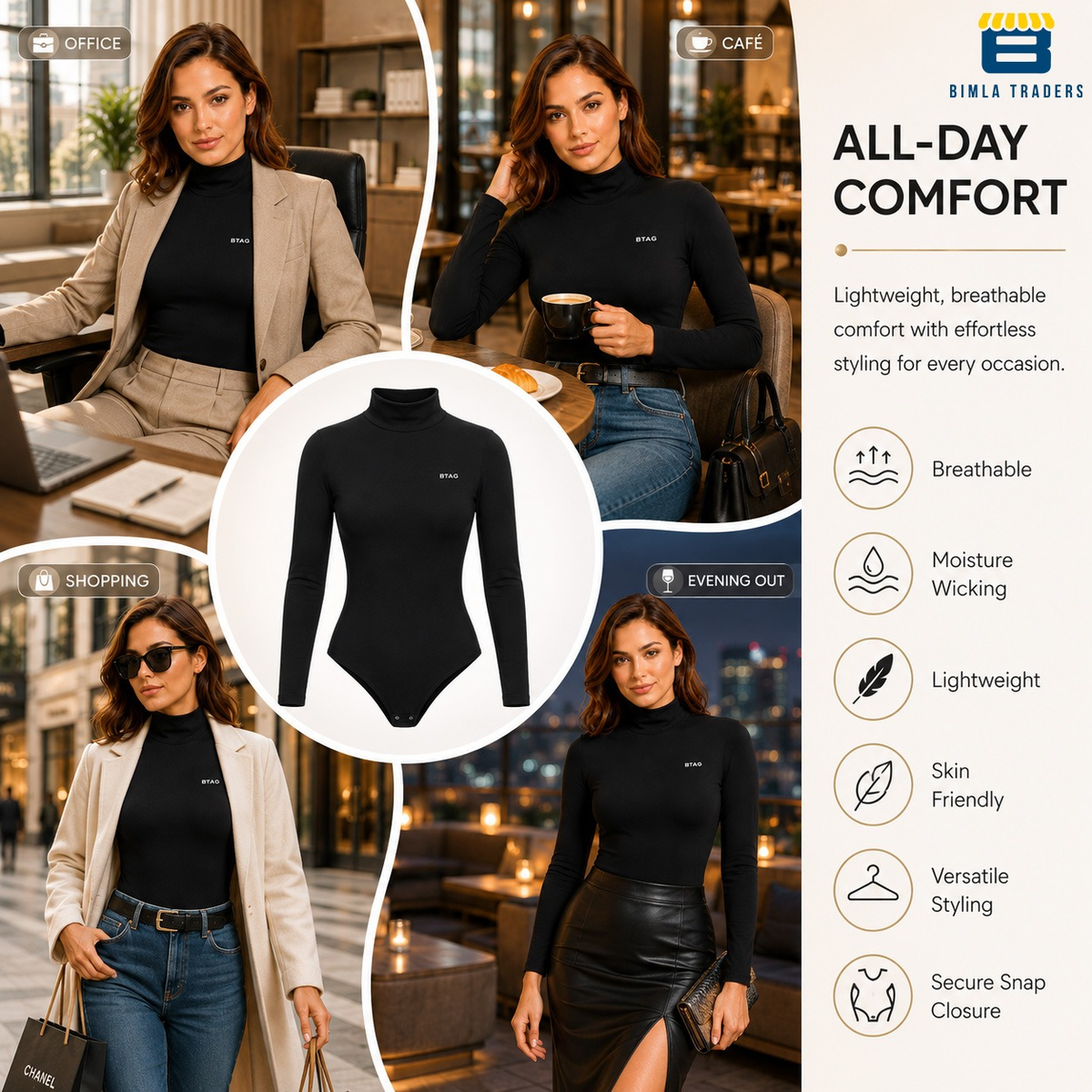 Bimla Traders Women's High Neck Long Sleeve Bodysuit Shapewear – Soft Light Compression Body Shaper