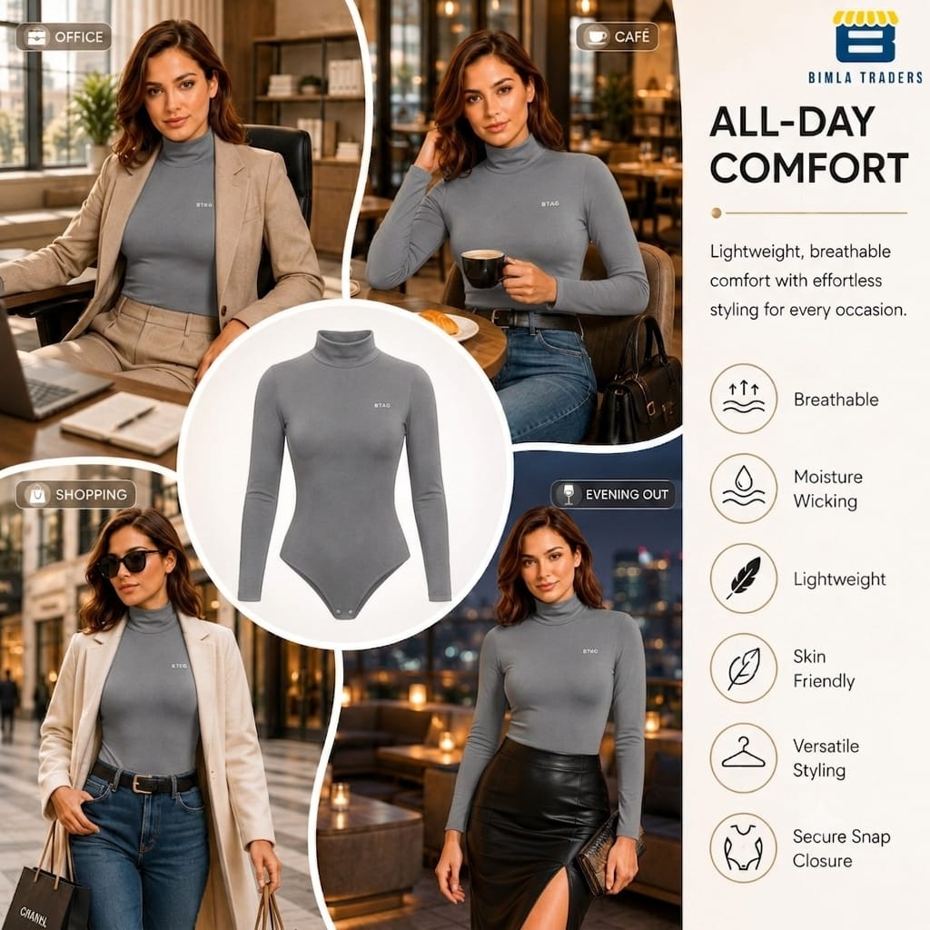 Bimla Traders Women's High Neck Long Sleeve Bodysuit Shapewear – Soft Light Compression Body Shaper