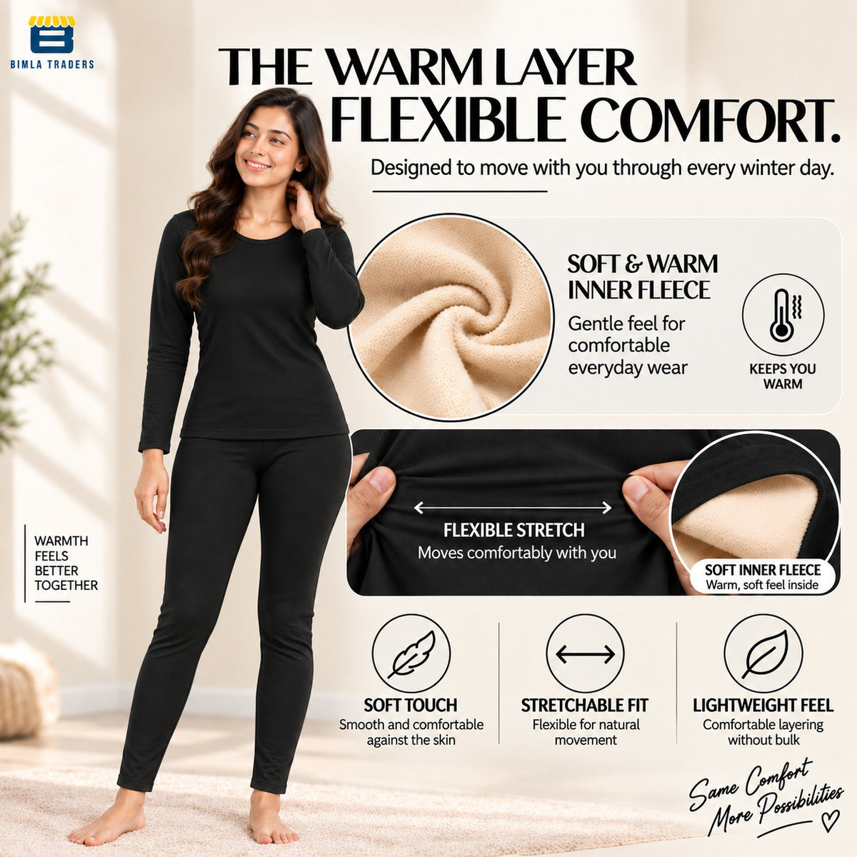 Bimla Traders Women's Thermal Top & Bottom Set | Warm Winter Innerwear