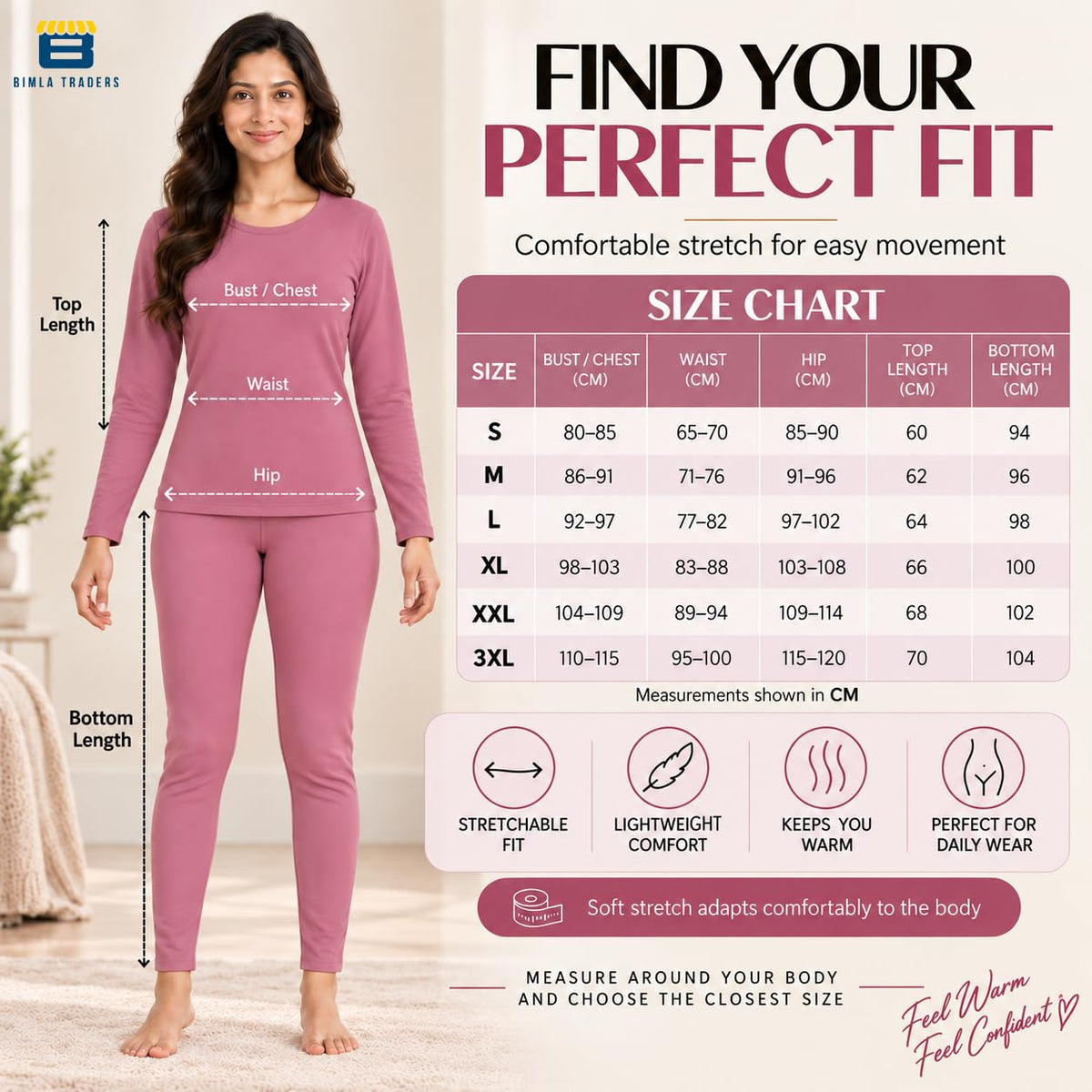 Bimla Traders Women's Thermal Top & Bottom Set | Warm Winter Innerwear