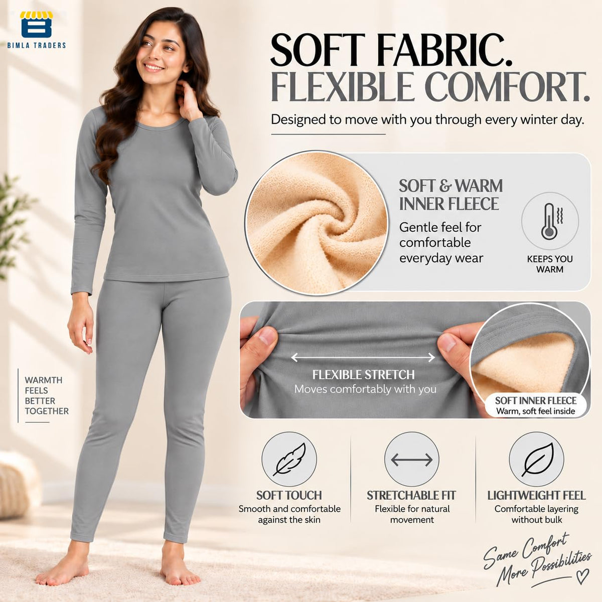 Bimla Traders Women's Thermal Top & Bottom Set | Warm Winter Innerwear