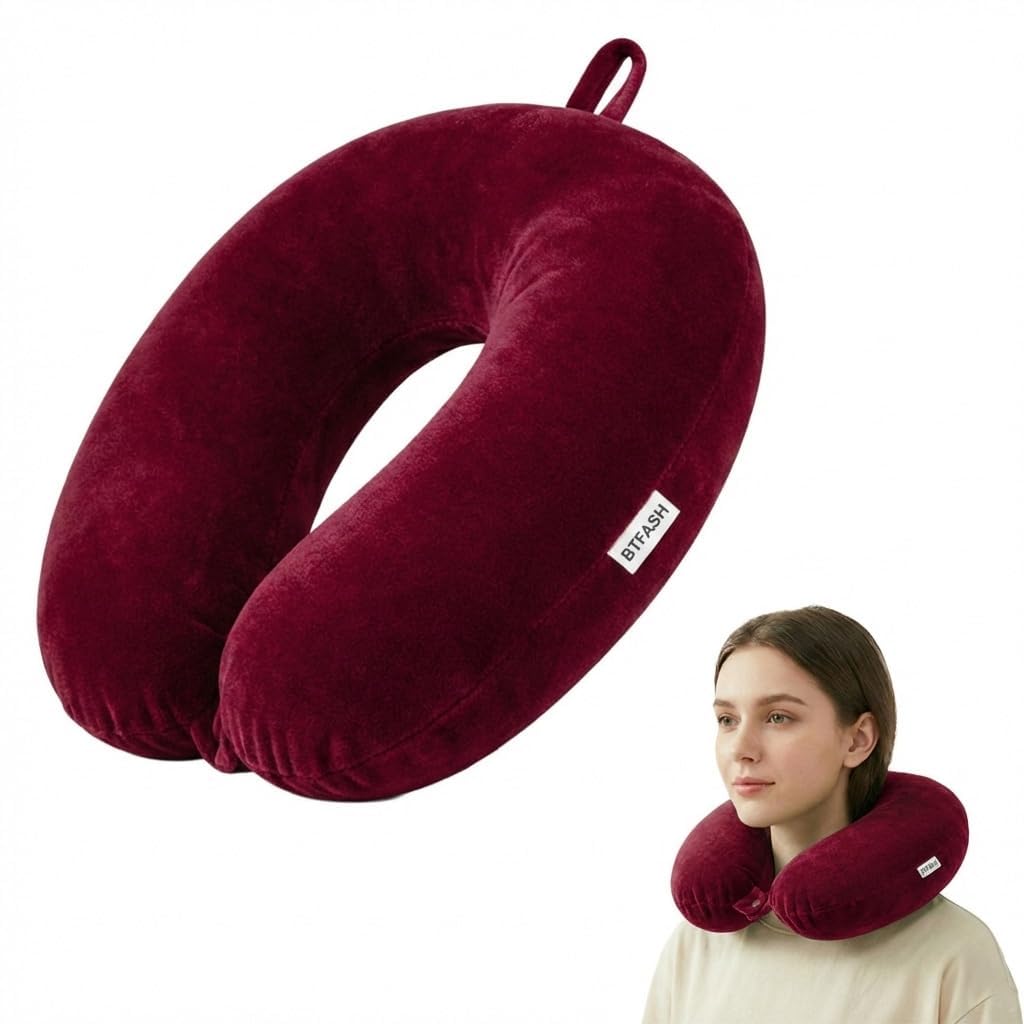 Bimla Traders Travel Neck Pillow for Men & Women | Soft Fibre Cushion for Flight, Car & Train | Soft Velvet Fabric with Attachable Snap Strap | Cervical Support for Neck Pain Relief. Pack of 1