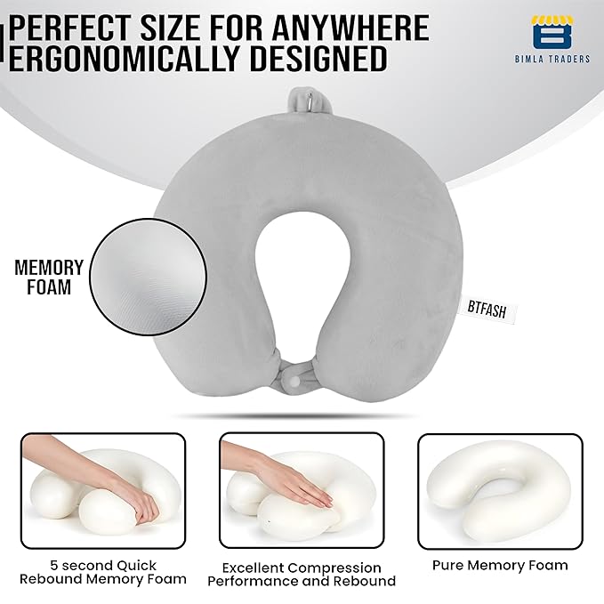 BTfash Premium Memory Foam Neck Pillow for Travel, Sleep & Support - Soft & Comfortable - Ideal for Home, Office & Car Use