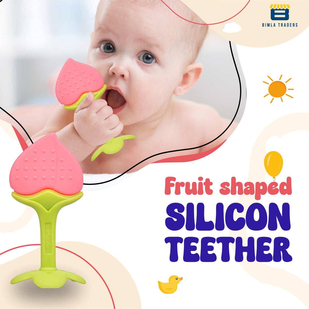 Bimla Traders Baby Tree and Fruits Shape Teether Teething | Natural Organic Freezer Safe for Newborn Infant, Babies | Silicone BPA Free | Gum Pain Relief 3D Soother Set