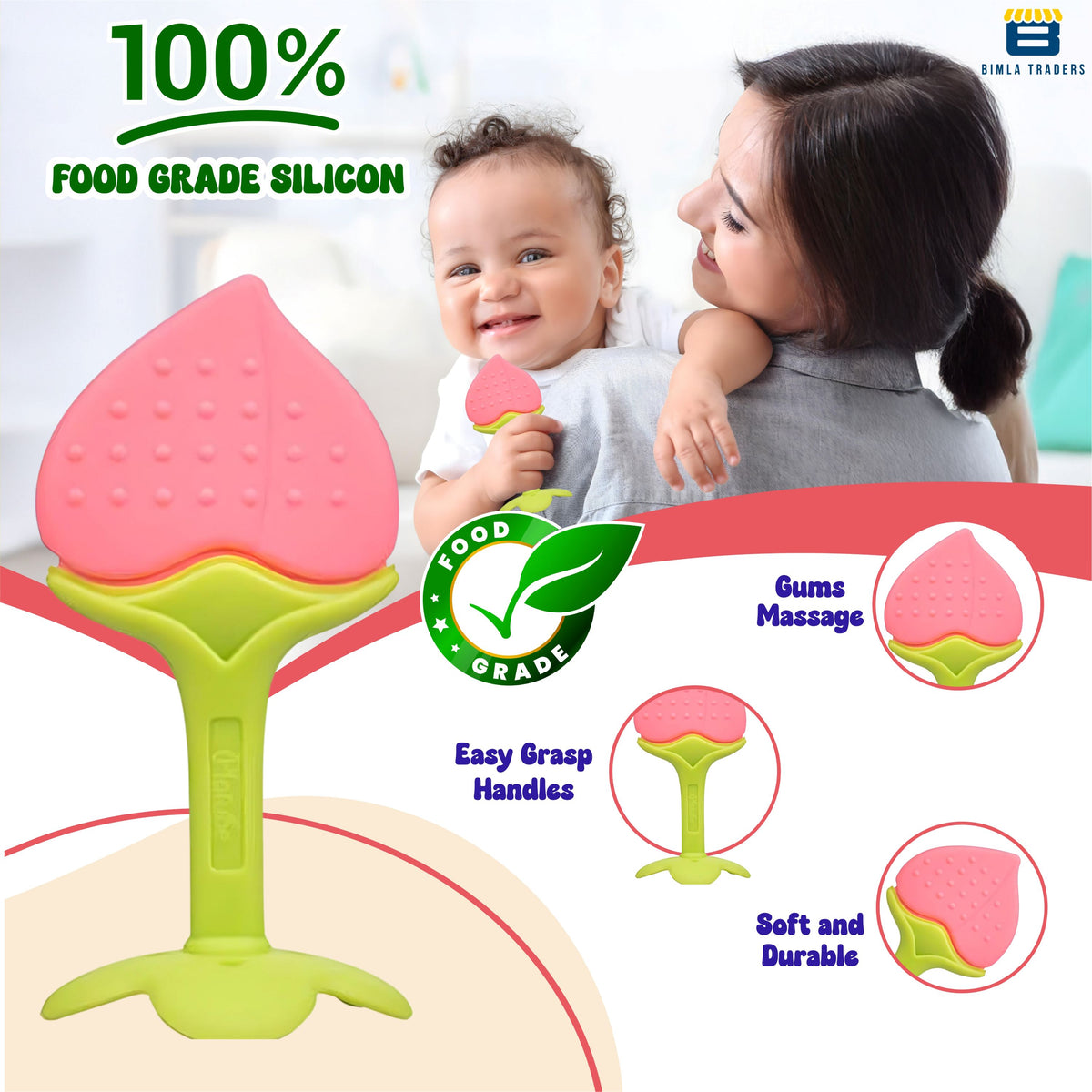Bimla Traders Baby Tree and Fruits Shape Teether Teething | Natural Organic Freezer Safe for Newborn Infant, Babies | Silicone BPA Free | Gum Pain Relief 3D Soother Set