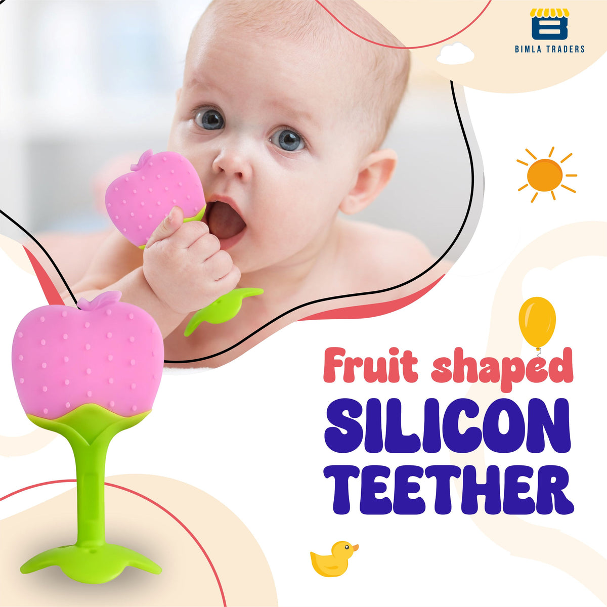 Bimla Traders Baby Tree and Fruits Shape Teether Teething | Natural Organic Freezer Safe for Newborn Infant, Babies | Silicone BPA Free | Gum Pain Relief 3D Soother Set