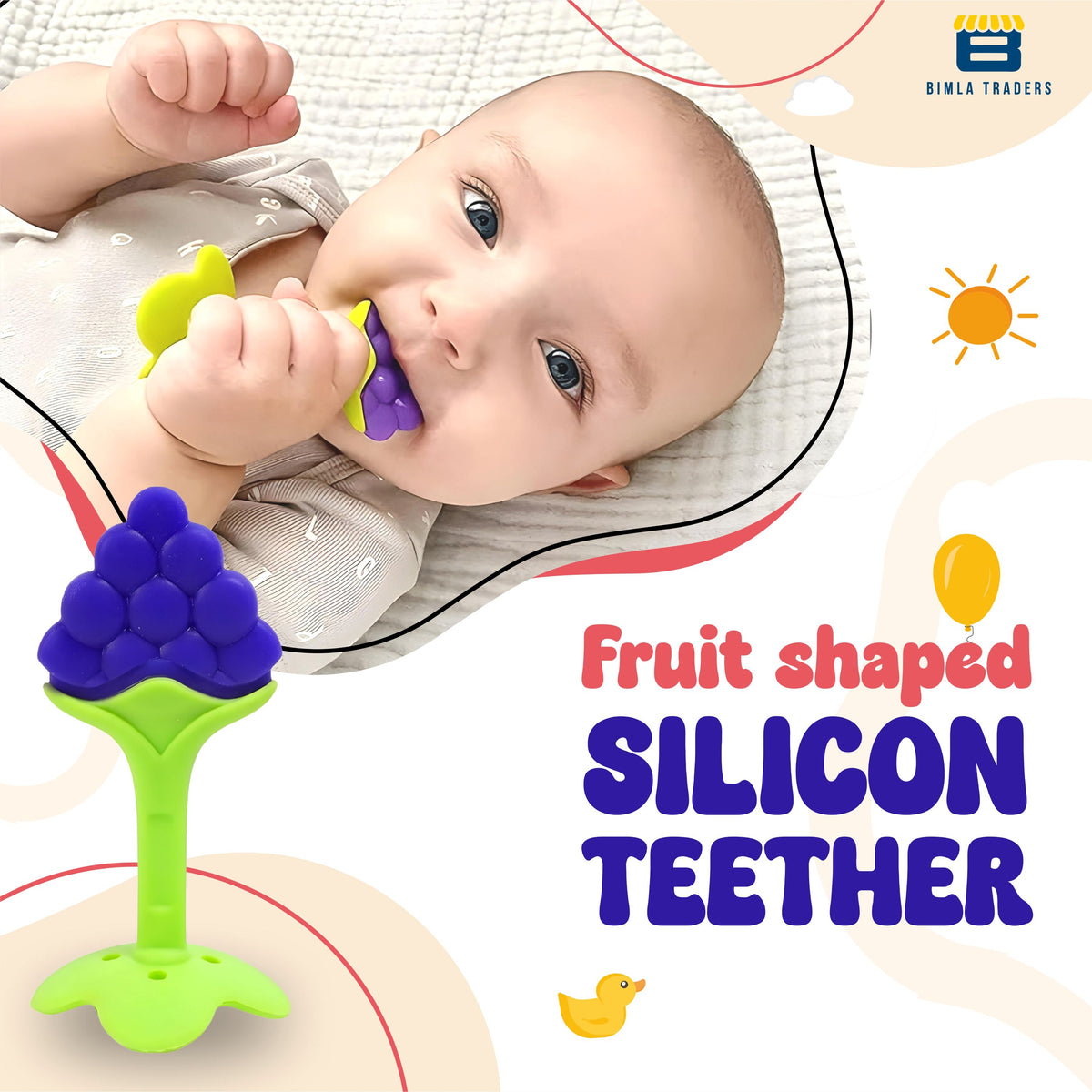 Bimla Traders Baby Tree and Fruits Shape Teether Teething | Natural Organic Freezer Safe for Newborn Infant, Babies | Silicone BPA Free | Gum Pain Relief 3D Soother Set