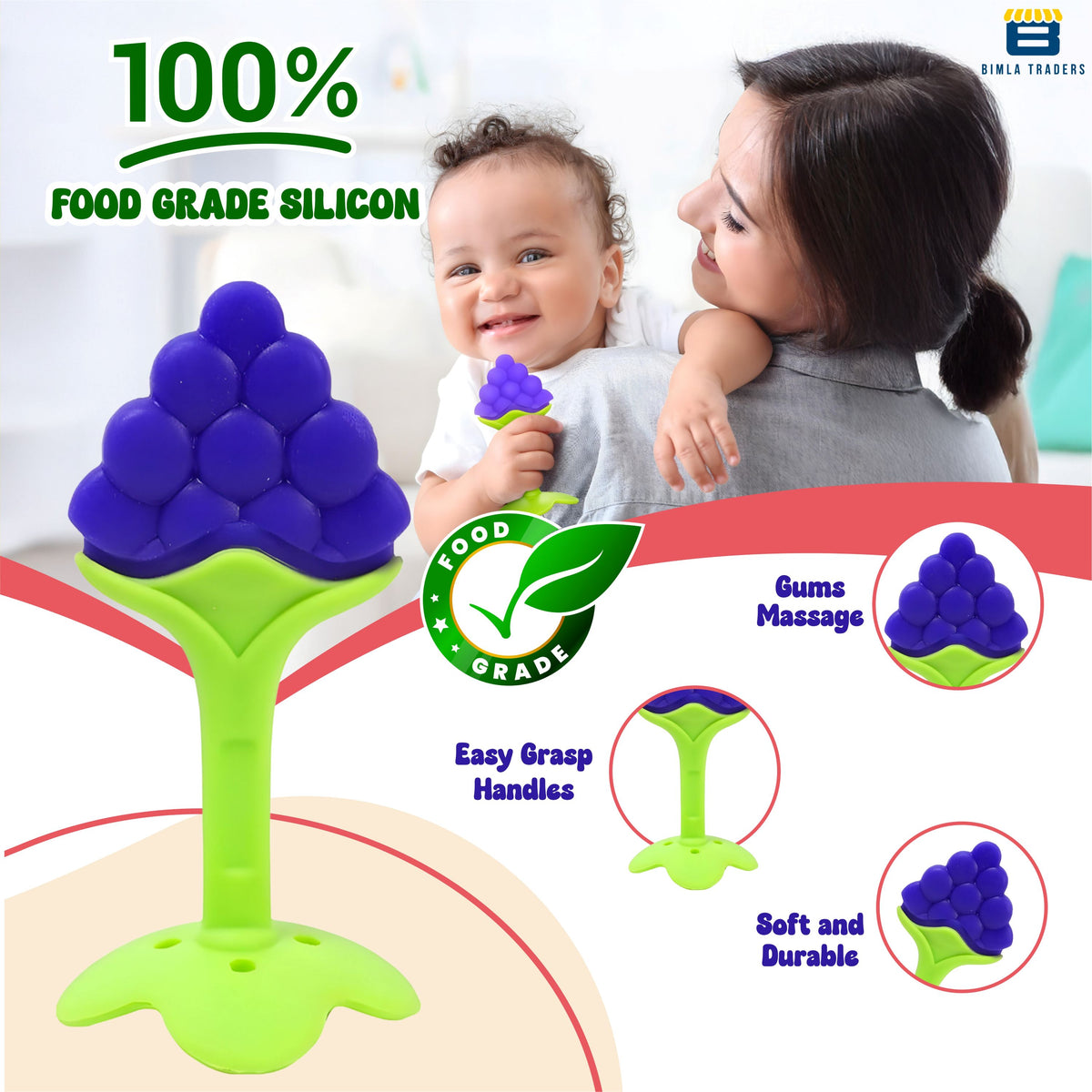 Bimla Traders Baby Tree and Fruits Shape Teether Teething | Natural Organic Freezer Safe for Newborn Infant, Babies | Silicone BPA Free | Gum Pain Relief 3D Soother Set