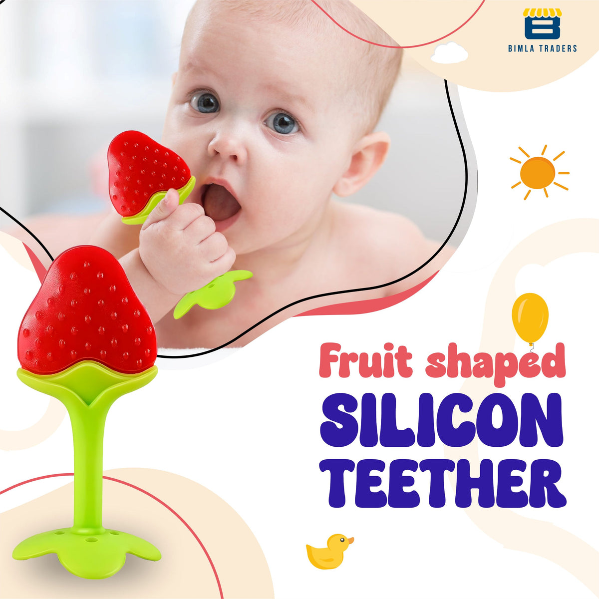 Bimla Traders Baby Tree and Fruits Shape Teether Teething | Natural Organic Freezer Safe for Newborn Infant, Babies | Silicone BPA Free | Gum Pain Relief 3D Soother Set