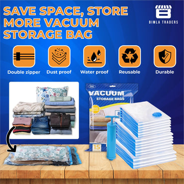 Crae Vacuum Storage Bags for Travel,Space Saver Compression Storage Bags for Packing | Airtight Reusable Ziplock with Hand Pump |(2 PIECE 50X70,2 PIECE 60X80,1 PIECE 80X100,1 HAND PUMP) 5 Piece Set