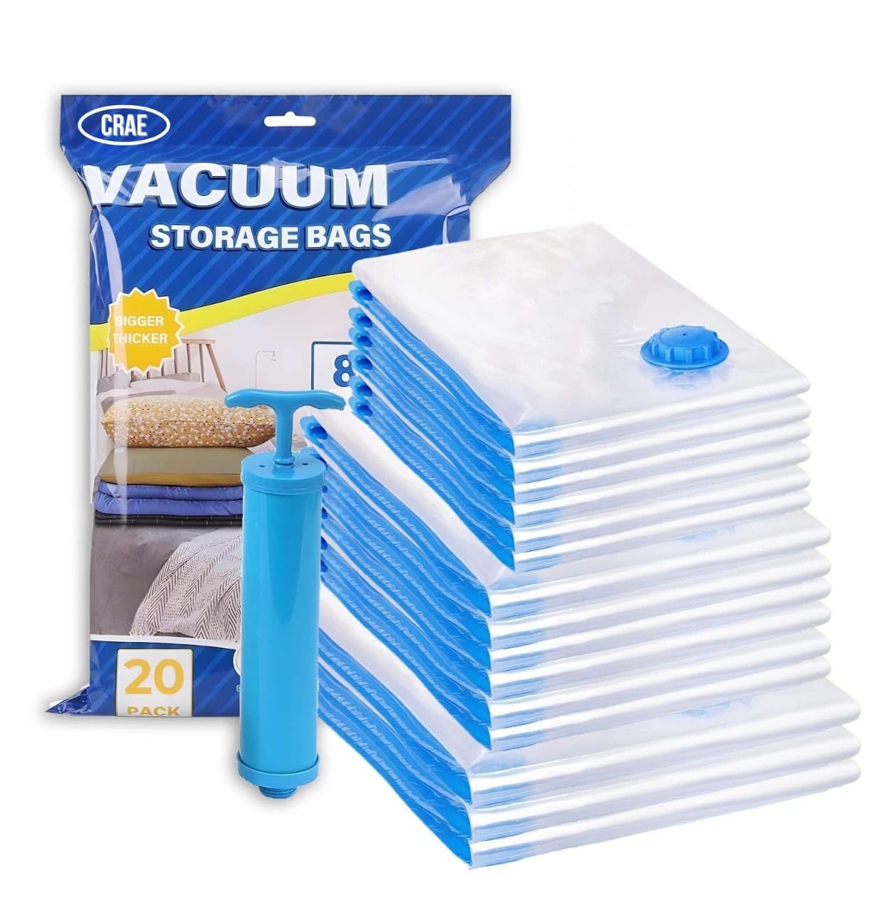 Crae Vacuum Storage Bags for Travel,Space Saver Compression Storage Bags for Packing | Airtight Reusable Ziplock with Hand Pump |(2 PIECE 50X70,2 PIECE 60X80,1 PIECE 80X100,1 HAND PUMP) 5 Piece Set