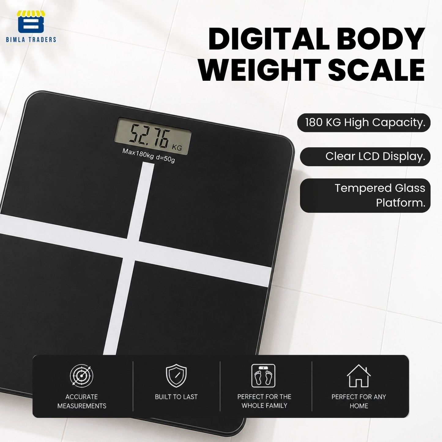 Bimla Traders Premium Digital Body Weight Scale | 26×26 cm Wide Platform | Clear LCD Display | Anti-Skid Base | 180 kg Capacity Cross Design