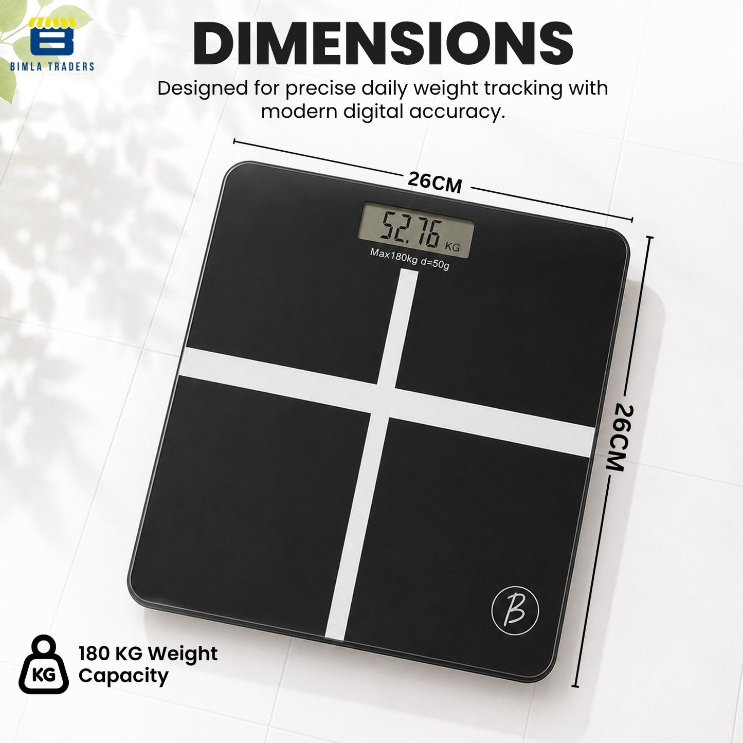 Bimla Traders Premium Digital Body Weight Scale | 26×26 cm Wide Platform | Clear LCD Display | Anti-Skid Base | 180 kg Capacity Cross Design
