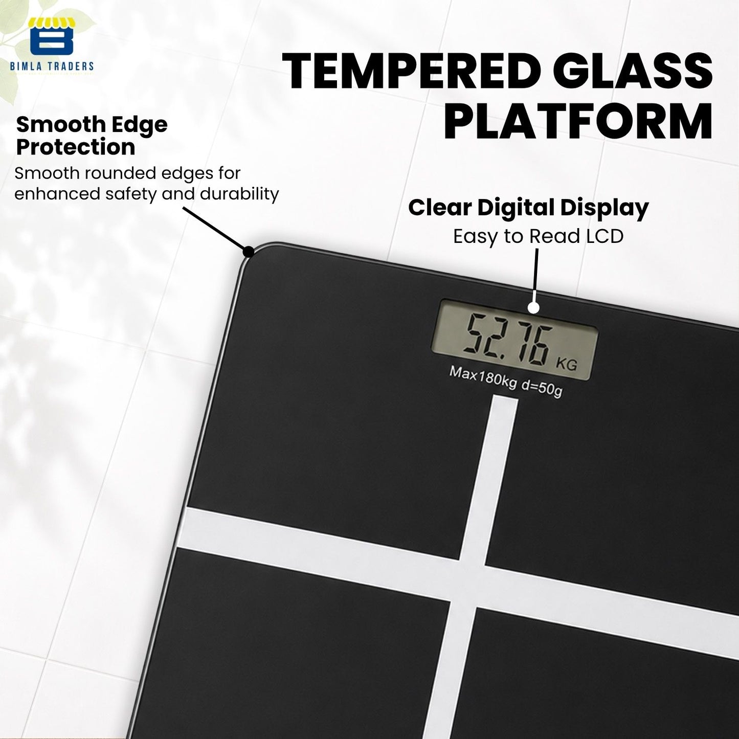 Bimla Traders Premium Digital Body Weight Scale | 26×26 cm Wide Platform | Clear LCD Display | Anti-Skid Base | 180 kg Capacity Cross Design