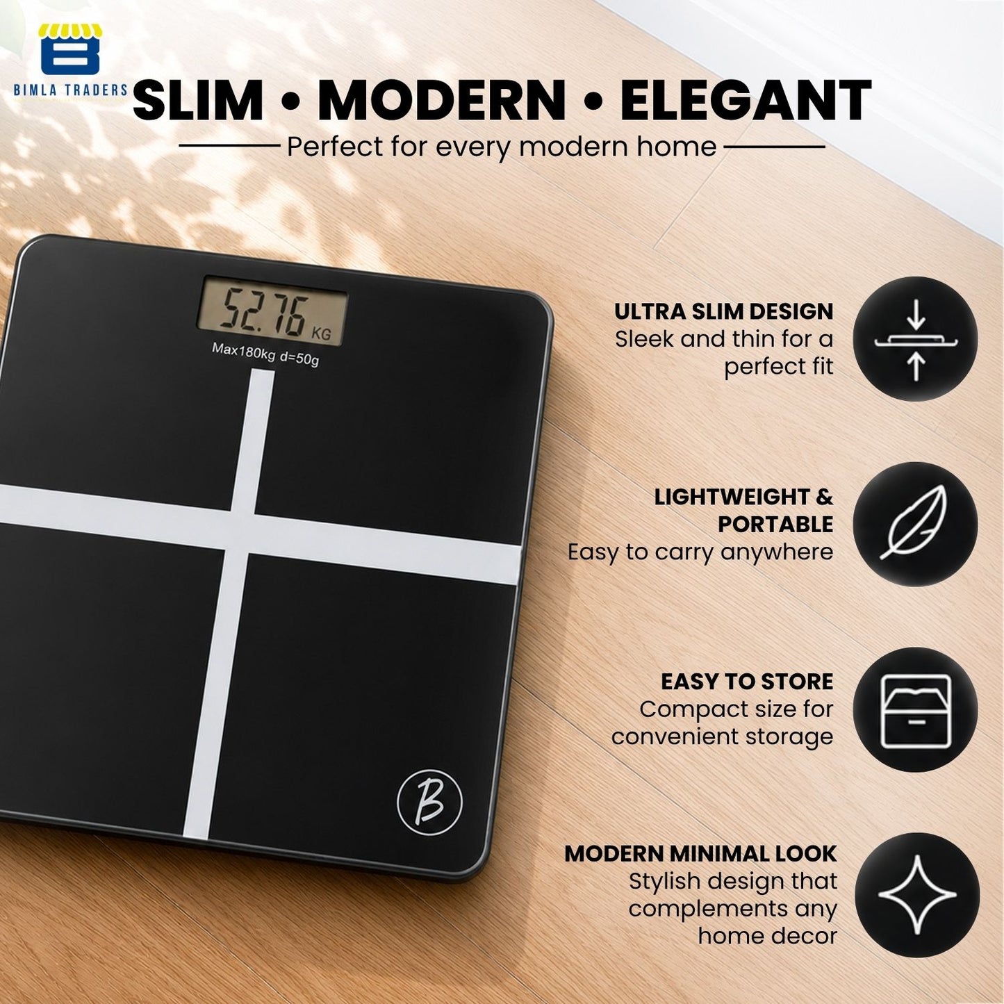 Bimla Traders Premium Digital Body Weight Scale | 26×26 cm Wide Platform | Clear LCD Display | Anti-Skid Base | 180 kg Capacity Cross Design