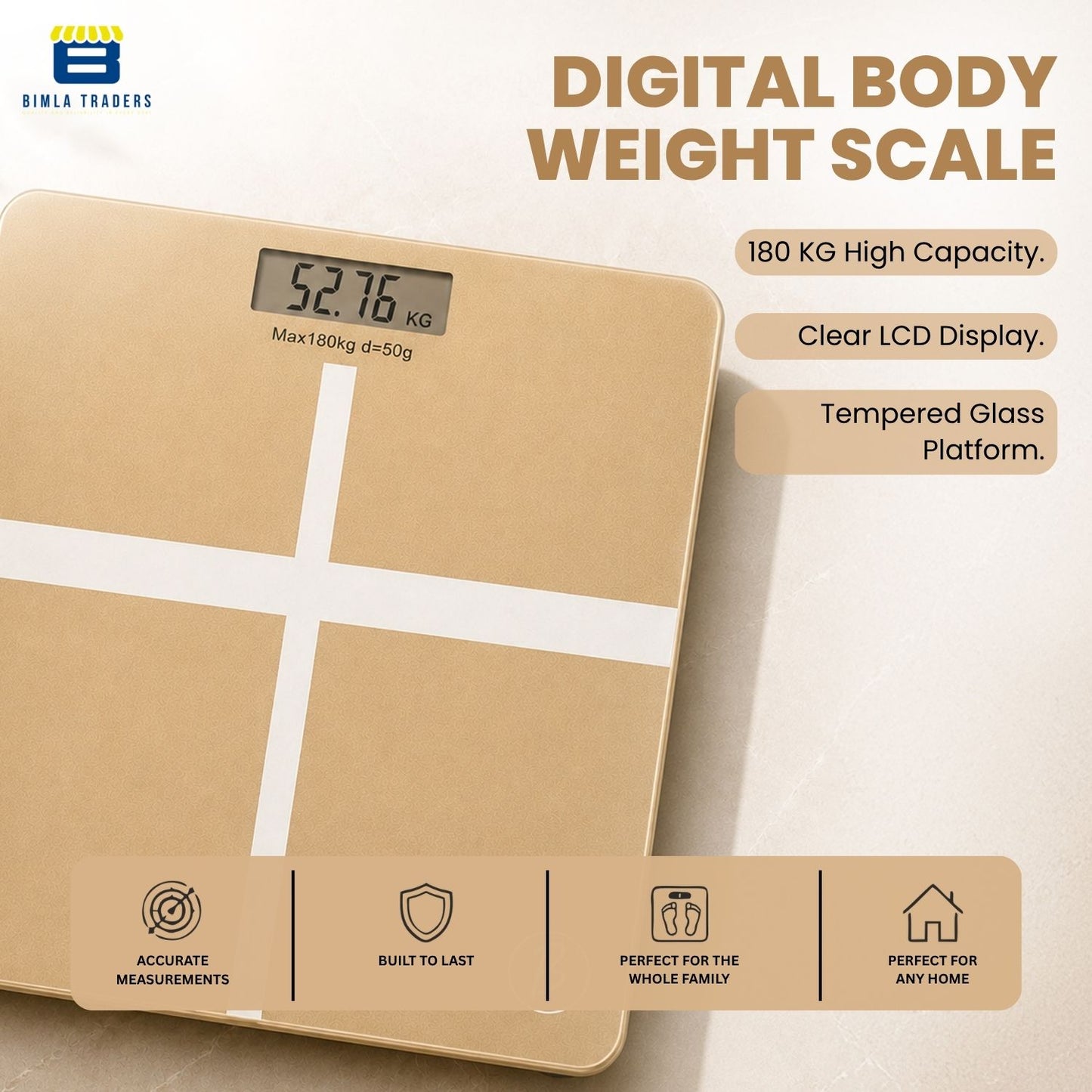 Bimla Traders Premium Digital Body Weight Scale | 26×26 cm Wide Platform | Clear LCD Display | Anti-Skid Base | 180 kg Capacity Cross Design