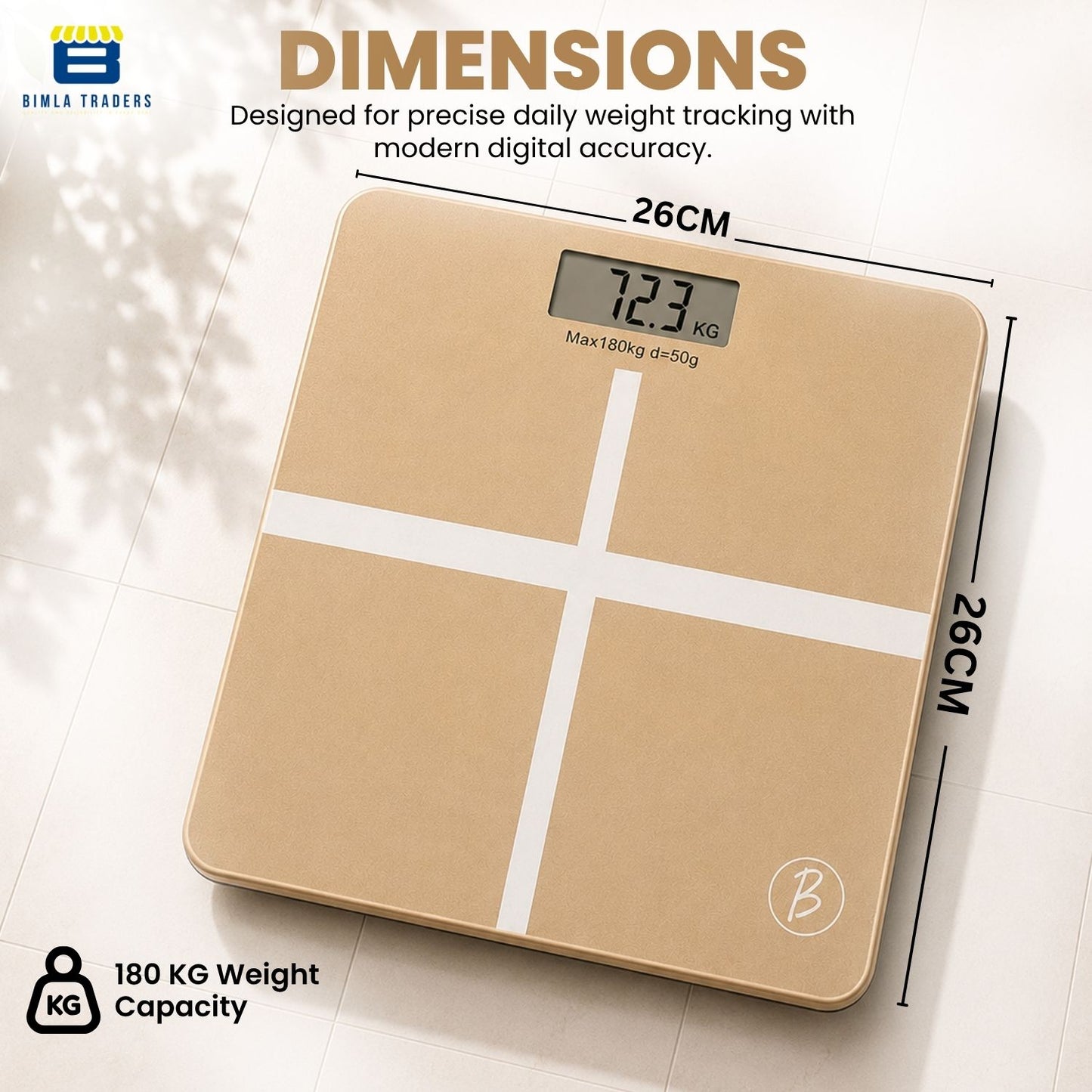 Bimla Traders Premium Digital Body Weight Scale | 26×26 cm Wide Platform | Clear LCD Display | Anti-Skid Base | 180 kg Capacity Cross Design