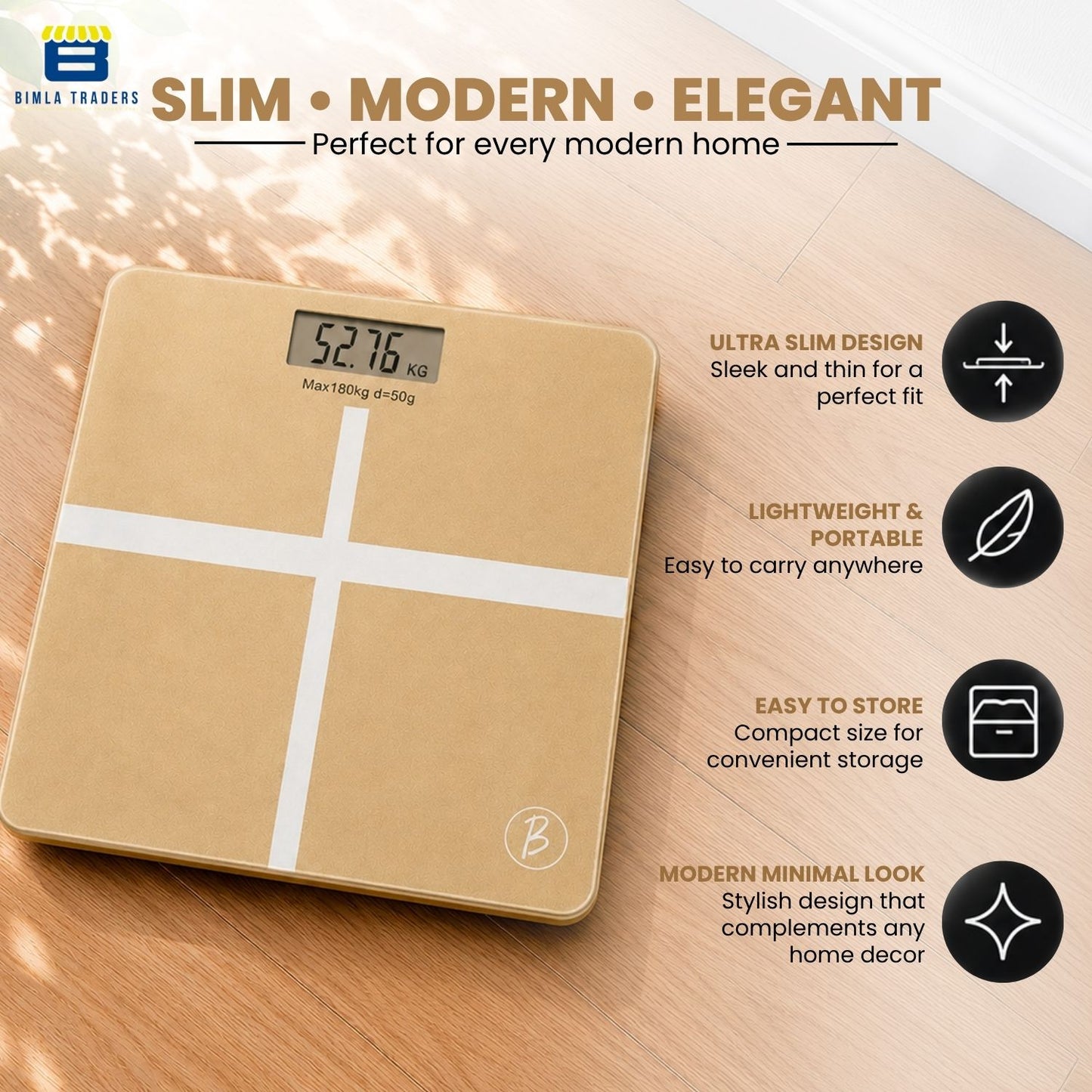 Bimla Traders Premium Digital Body Weight Scale | 26×26 cm Wide Platform | Clear LCD Display | Anti-Skid Base | 180 kg Capacity Cross Design
