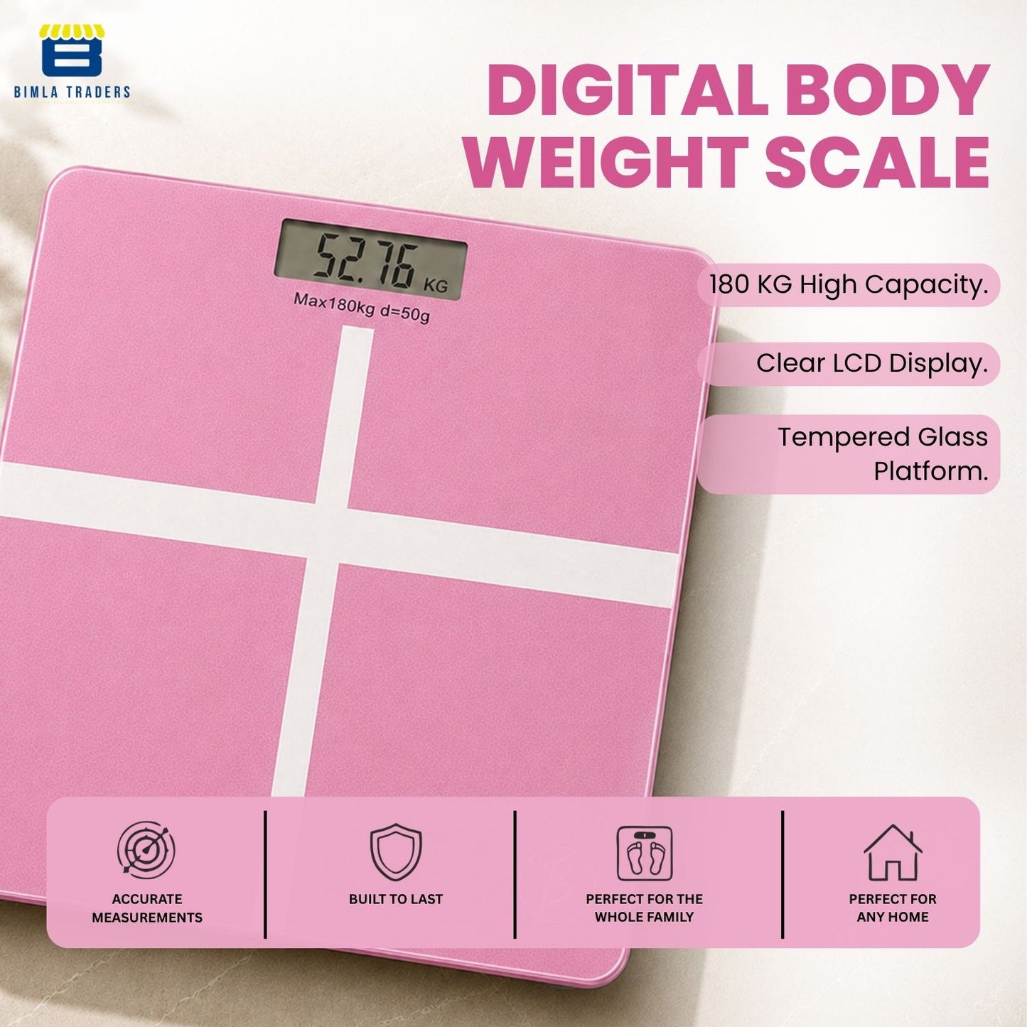 Bimla Traders Premium Digital Body Weight Scale | 26×26 cm Wide Platform | Clear LCD Display | Anti-Skid Base | 180 kg Capacity Cross Design