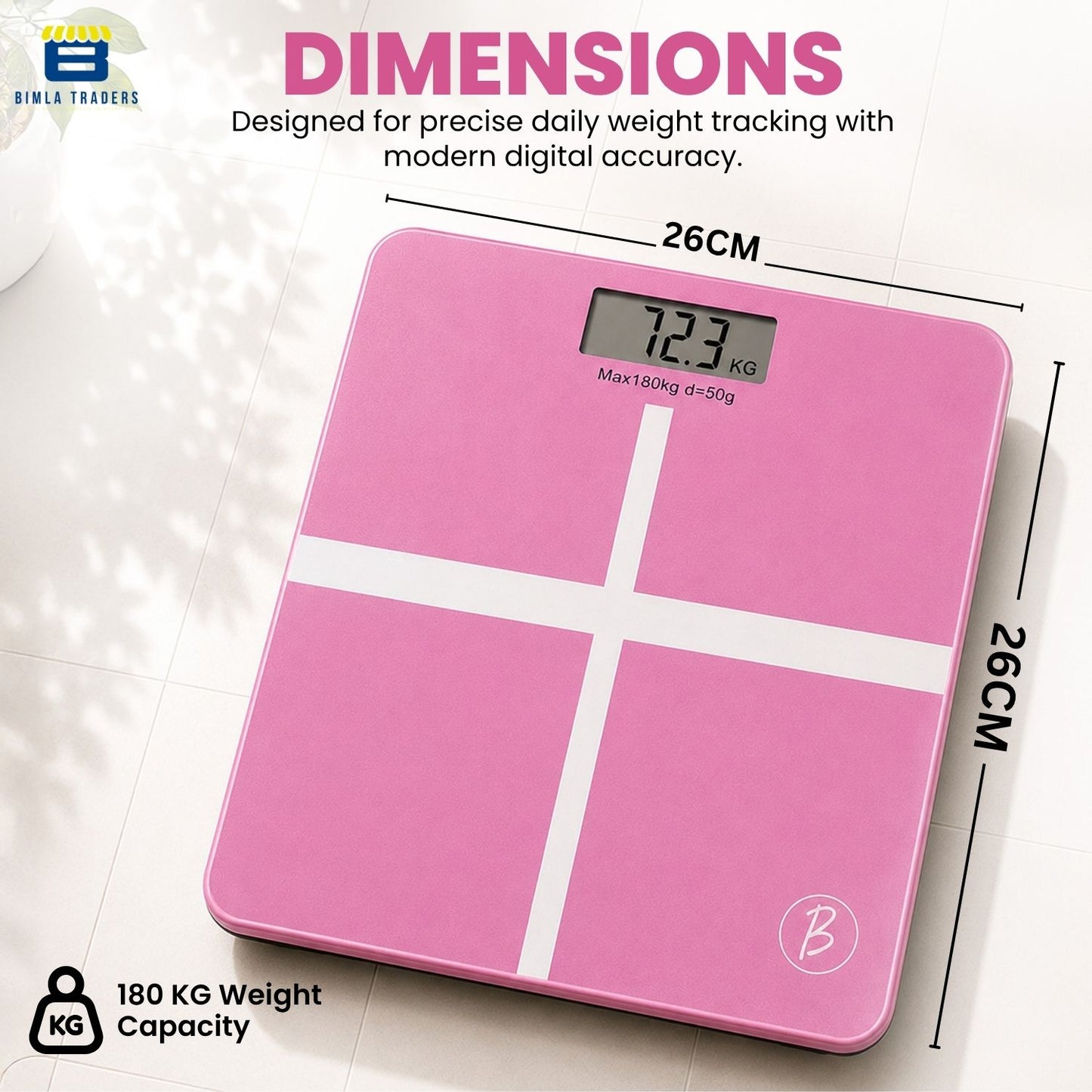 Bimla Traders Premium Digital Body Weight Scale | 26×26 cm Wide Platform | Clear LCD Display | Anti-Skid Base | 180 kg Capacity Cross Design