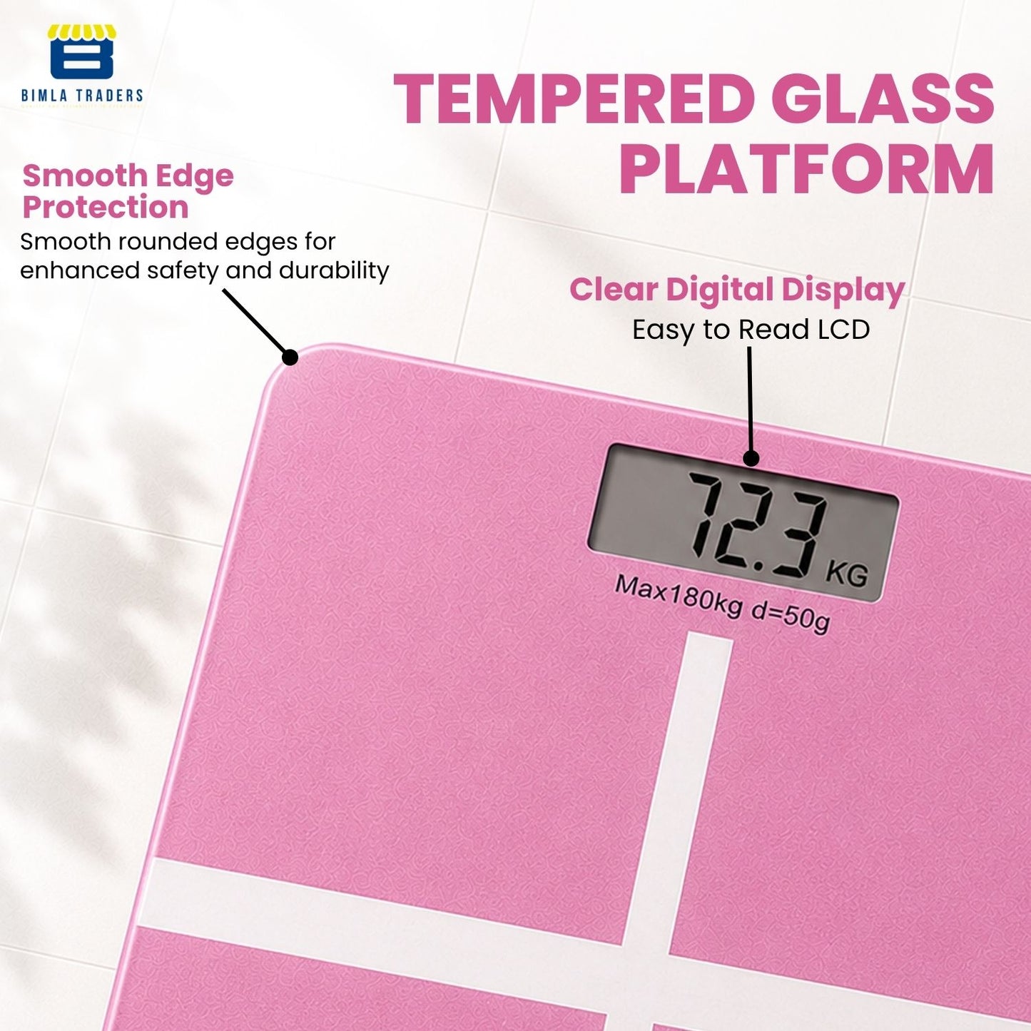 Bimla Traders Premium Digital Body Weight Scale | 26×26 cm Wide Platform | Clear LCD Display | Anti-Skid Base | 180 kg Capacity Cross Design