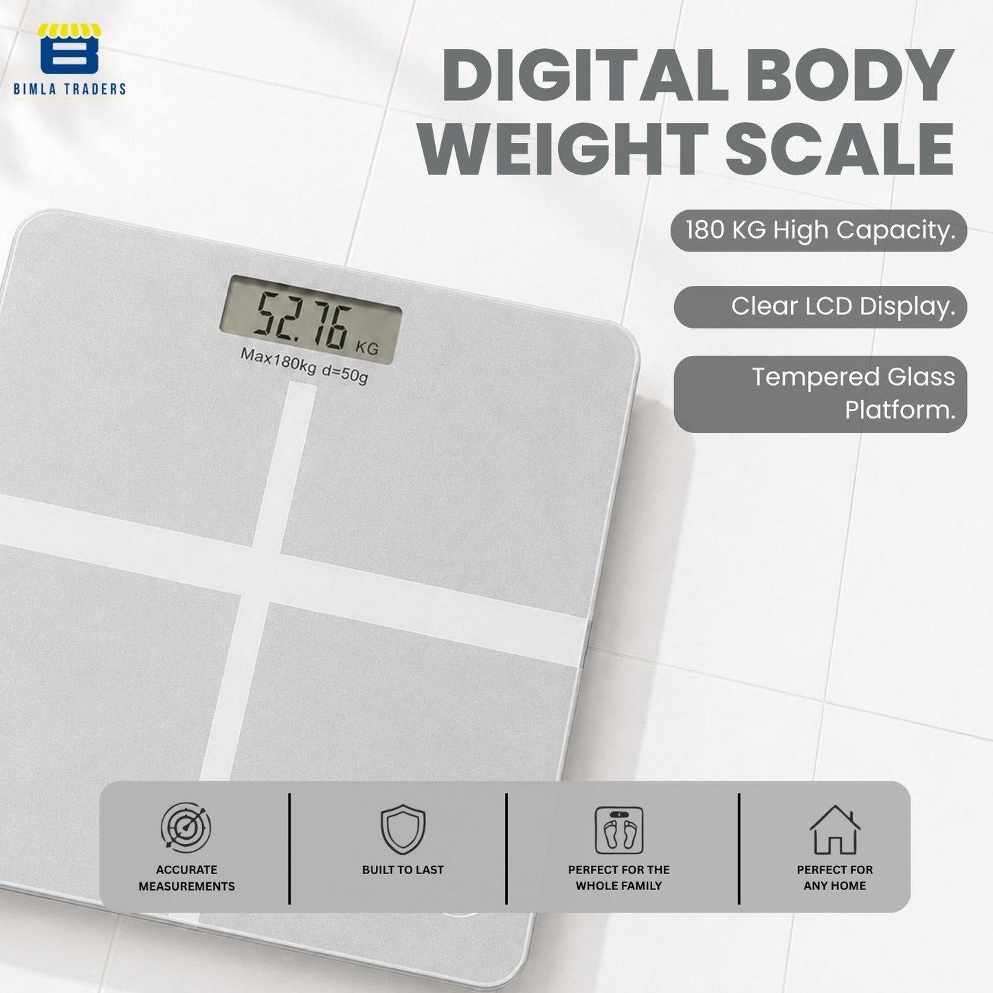 Bimla Traders Premium Digital Body Weight Scale | 26×26 cm Wide Platform | Clear LCD Display | Anti-Skid Base | 180 kg Capacity Cross Design