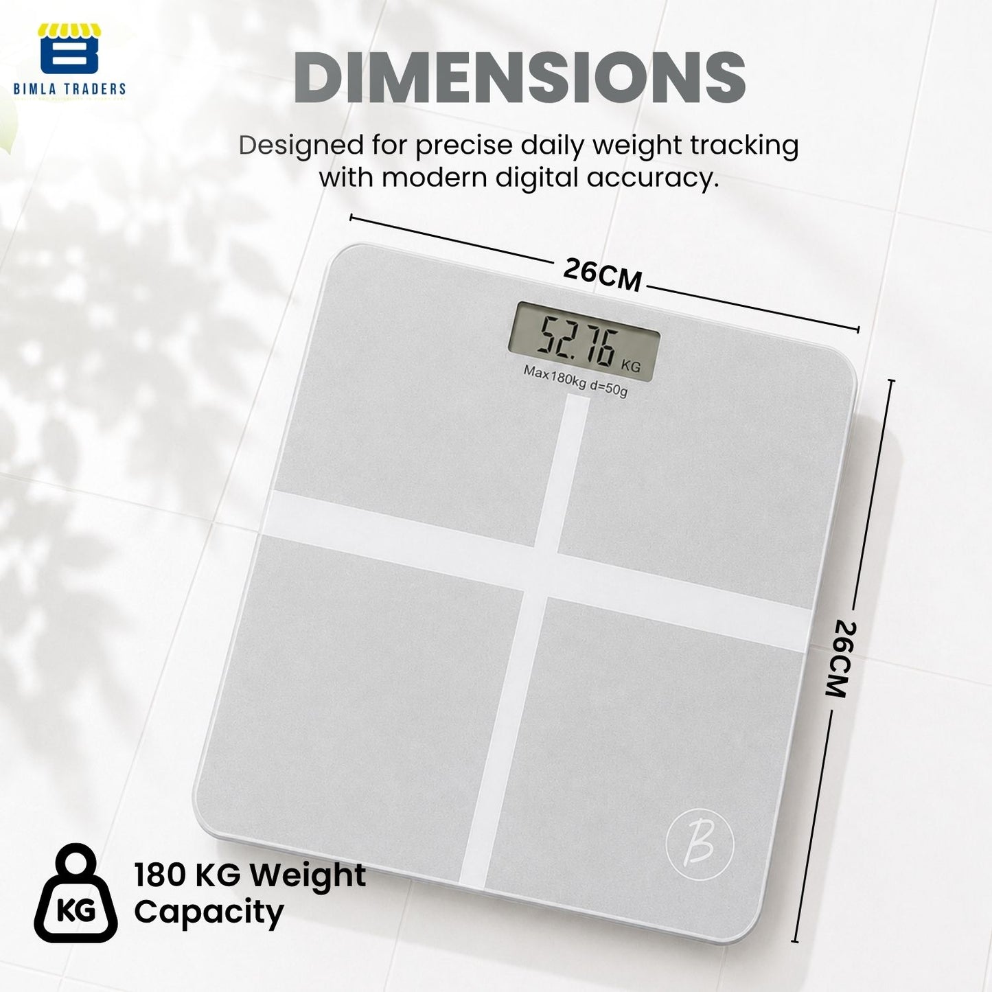 Bimla Traders Premium Digital Body Weight Scale | 26×26 cm Wide Platform | Clear LCD Display | Anti-Skid Base | 180 kg Capacity Cross Design