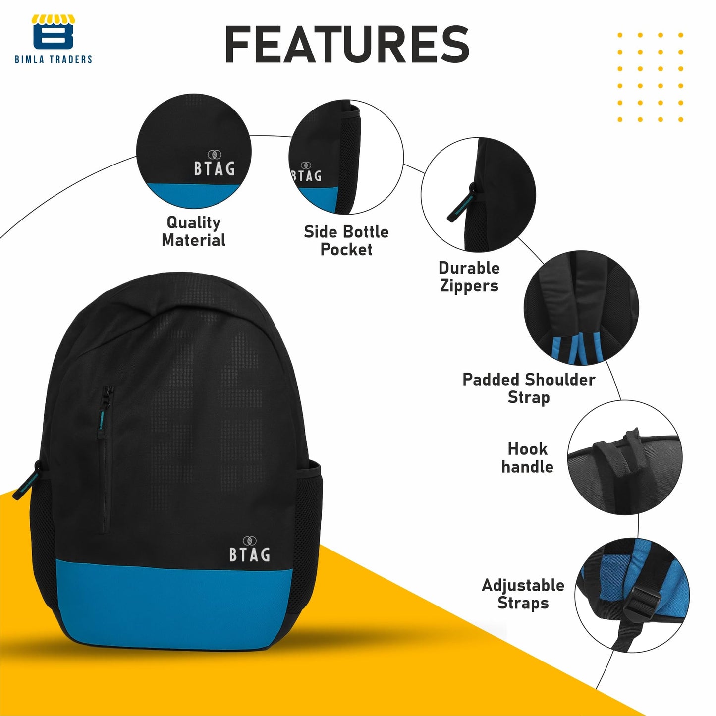 Btag Casual Backpack 28L High Durable Unisex, 2 Main Compartments, Bottle Pocket, Front Pocket, Padded Shoulder Strap | Black/Blue