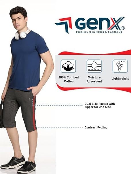 Genx Men's Athletic Capri - 100% Cotton, Sporty Design, Perfect for Sports & Everyday Wear