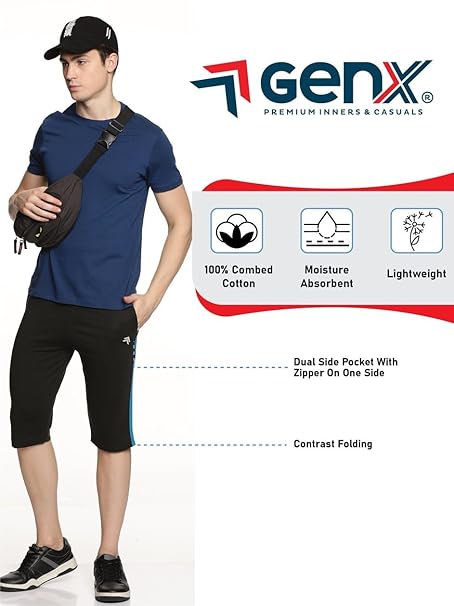 Genx Men's Athletic Capri - 100% Cotton, Sporty Design, Perfect for Sports & Everyday Wear