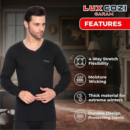 Lux Cozi Men's V-Neck Full Sleeve Garam Thermal Top & Bottom Set