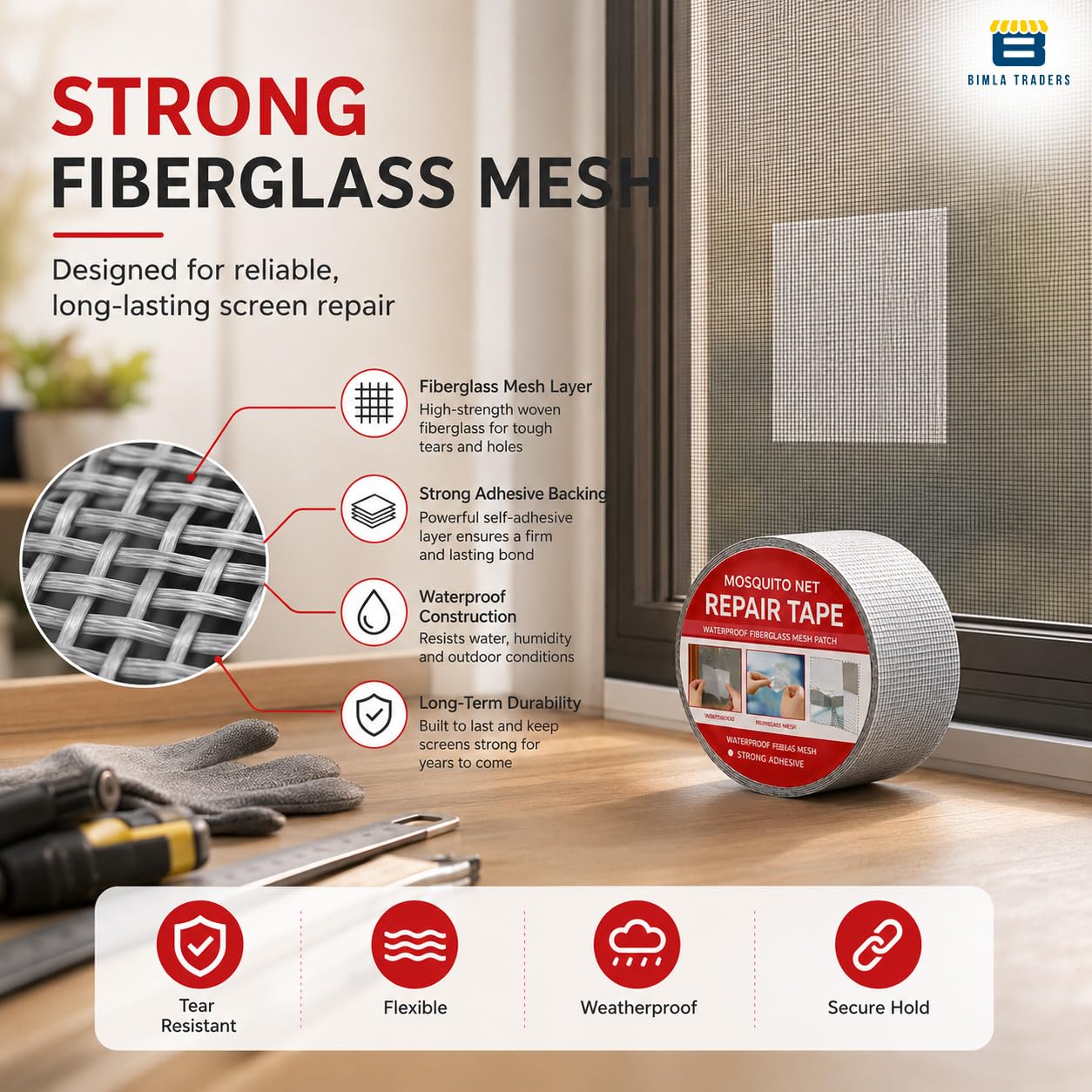 Btag Mosquito Net Patch Roll – Waterproof Fiberglass Mesh Patch with Strong Adhesive | Easy Screen Repair for Windows & Doors | Fix Holes & Tears Fast. Pack of 1