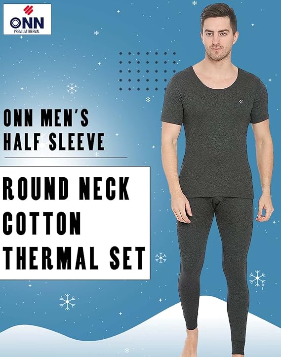 ONN Men's Half Sleeve Round Neck Premium Solid Cotton Thermal Set