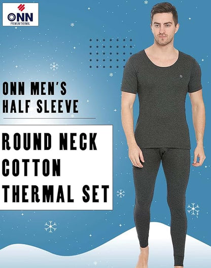 ONN Men's Half Sleeve Round Neck Premium Solid Cotton Thermal Set