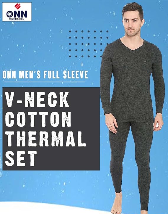 ONN Men's Full Sleeve V-Neck Premium Solid Cotton Thermal Set