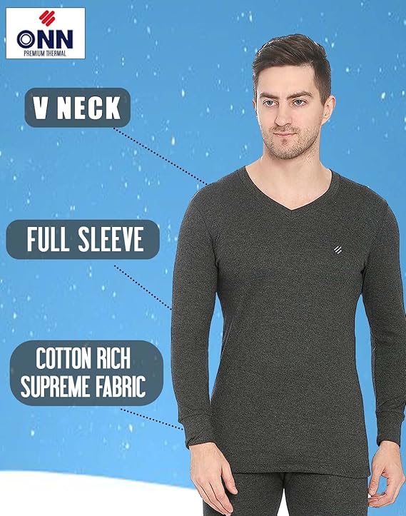 ONN Men's Full Sleeve V-Neck Premium Solid Cotton Thermal Set