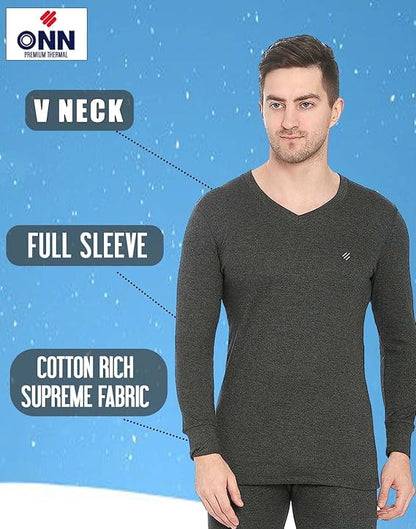 ONN Men's Full Sleeve V-Neck Premium Solid Cotton Thermal Set