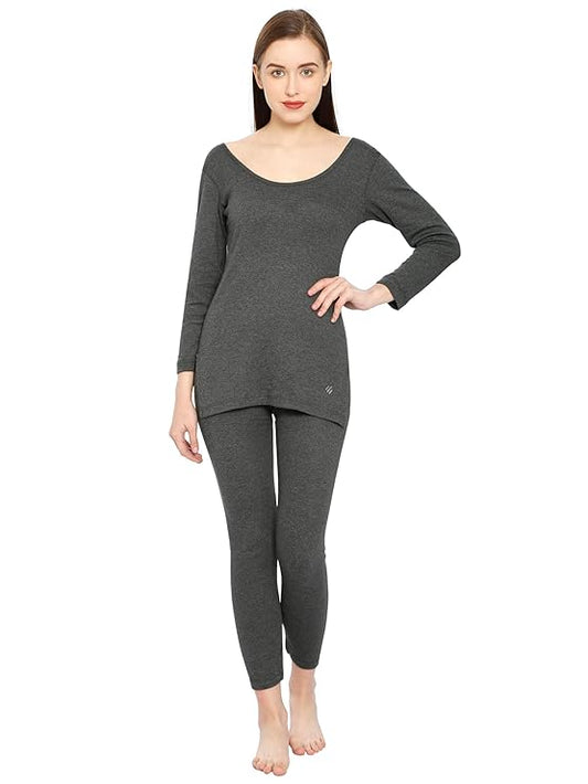 ONN Women's Cotton 3/4th Sleeve UNeck Thermal Top/Bottom Set