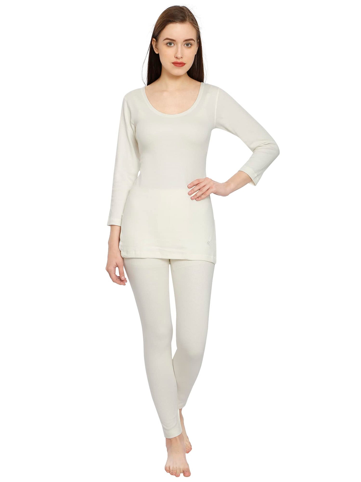 ONN Women's Cotton 3/4th Sleeve UNeck Thermal Top/Bottom Set