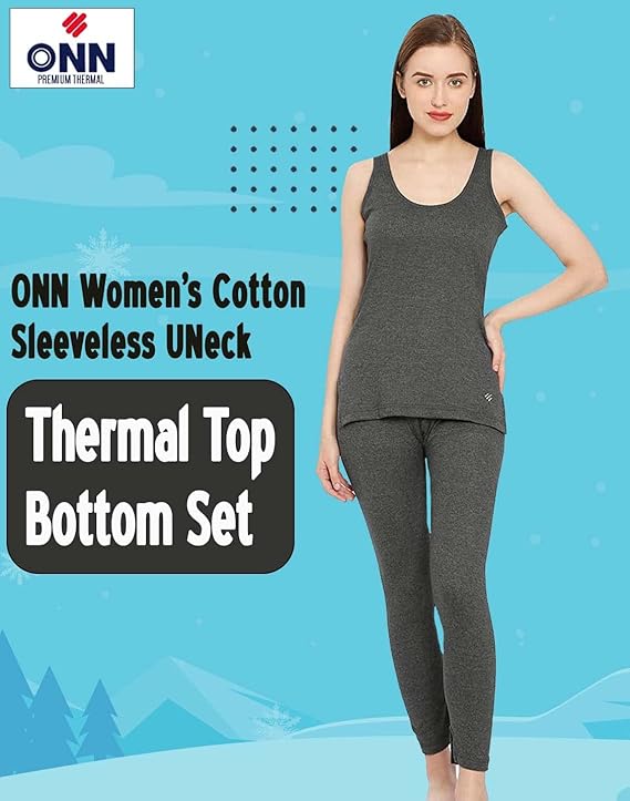 ONN Women's Cotton Sleeveless UNeck Thermal Top/Bottom Set