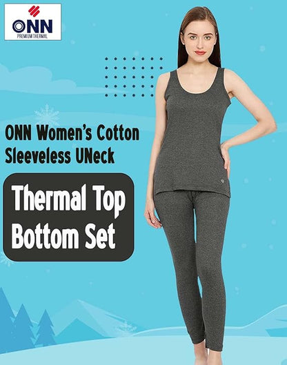 ONN Women's Cotton Sleeveless UNeck Thermal Top/Bottom Set