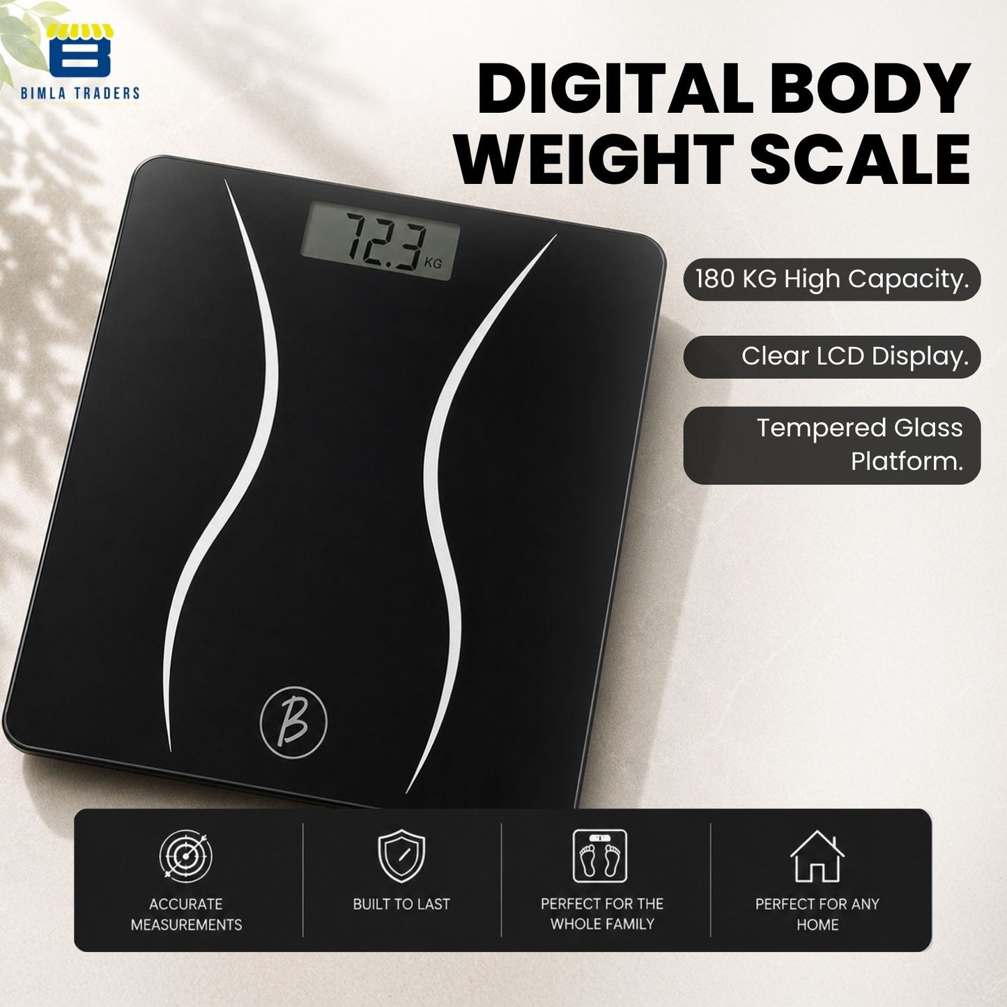 Bimla Traders Premium Digital Body Weight Scale | 26×26 cm Wide Platform | Clear LCD Display | Anti-Skid Base | 180 kg Capacity Cross Design