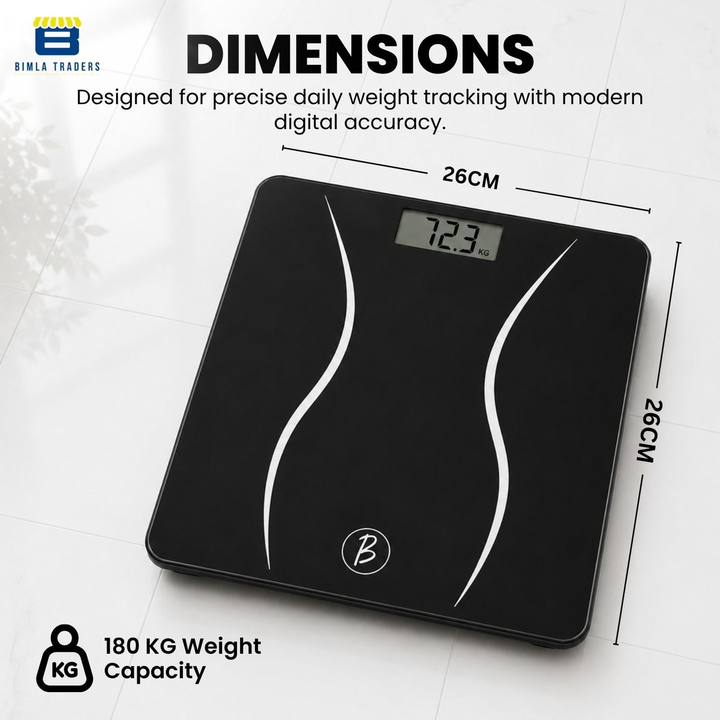 Bimla Traders Premium Digital Body Weight Scale | 26×26 cm Wide Platform | Clear LCD Display | Anti-Skid Base | 180 kg Capacity Cross Design