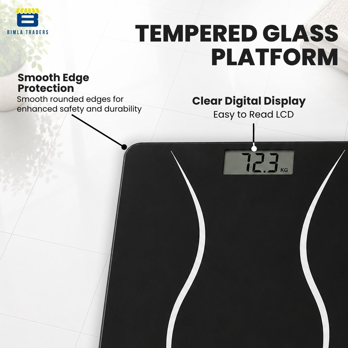 Bimla Traders Premium Digital Body Weight Scale | 26×26 cm Wide Platform | Clear LCD Display | Anti-Skid Base | 180 kg Capacity Cross Design
