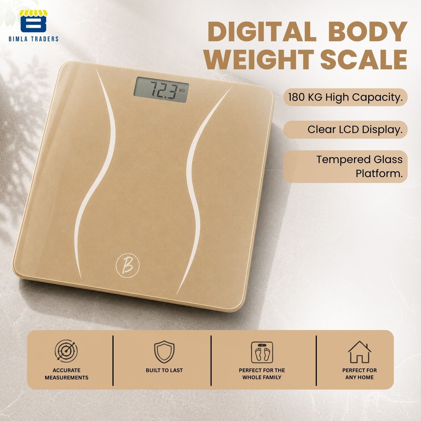 Bimla Traders Premium Digital Body Weight Scale | 26×26 cm Wide Platform | Clear LCD Display | Anti-Skid Base | 180 kg Capacity Cross Design