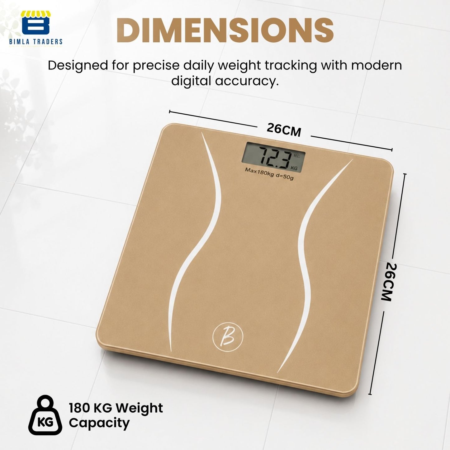 Bimla Traders Premium Digital Body Weight Scale | 26×26 cm Wide Platform | Clear LCD Display | Anti-Skid Base | 180 kg Capacity Cross Design