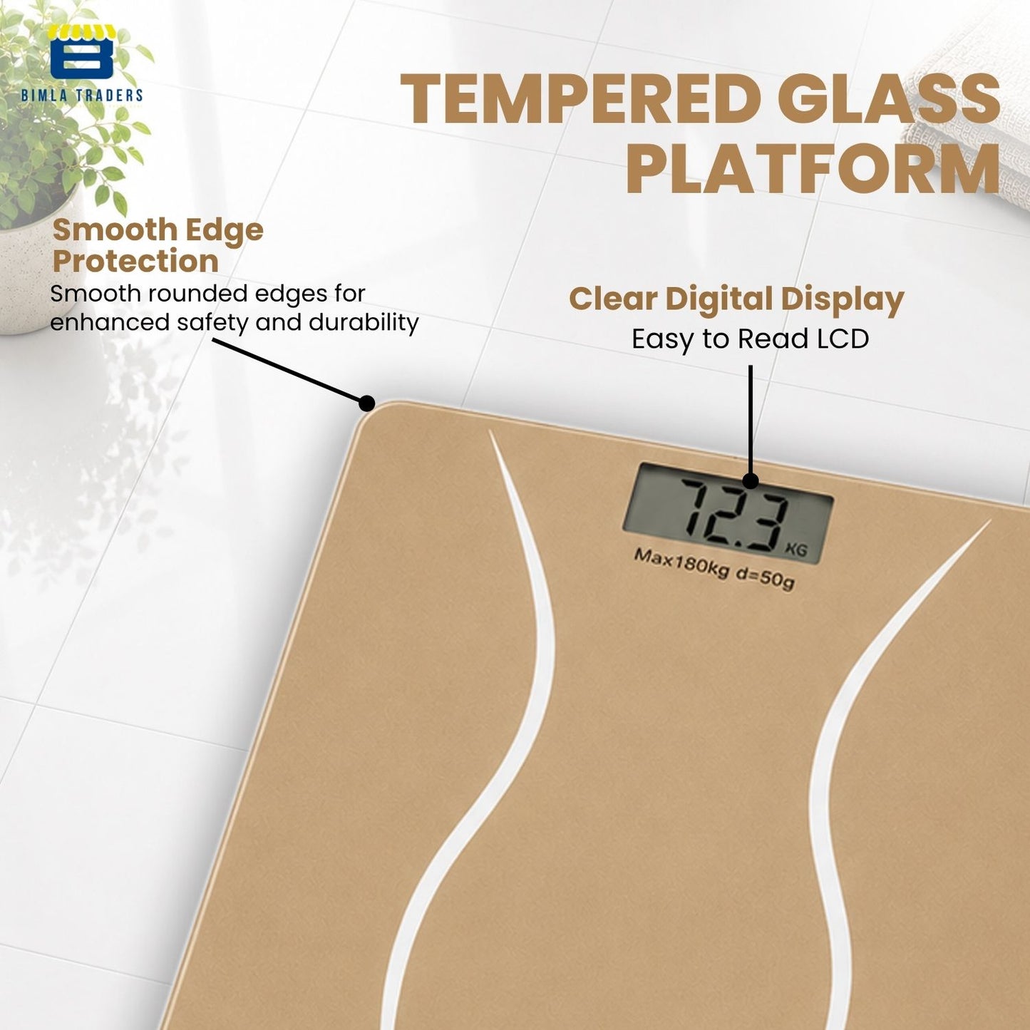 Bimla Traders Premium Digital Body Weight Scale | 26×26 cm Wide Platform | Clear LCD Display | Anti-Skid Base | 180 kg Capacity Cross Design